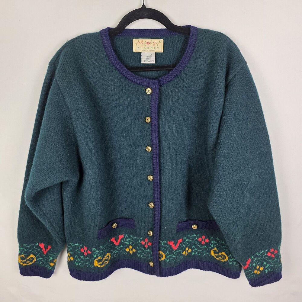 Blarney Cardigan Sweater Irish Green‎ Wool Womens Lg Cottagecore Country Granny